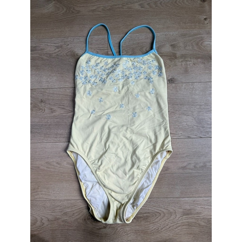 EUC BAJA BLUE embroidered high cut leg one piece vintage USA yellow swimsuit 12
